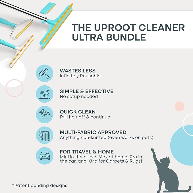 Uproot Clean Ultra Bundle - Xtra, Max, Pro & Mini-Ultimate Pet Hair Removal Tool & Carpet Rake Bundle-Easy Cat & Dog Hair Remover for Couch, Clothes, Rugs, Cars & More-The Ultimate Fur Remover Set