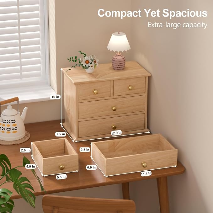Oak Desk Organizer with Drawers, Durable Wooden Desktop Storage Box with Metal Handles & Non-Slip Silicone Pads, 4 Drawer Tabletop Organizer for Office, Bedroom, Bathroom, Vanity, Makeup – Natural Oak