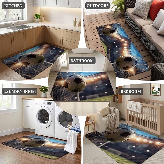 Large Entryway Rug 31.5"x63", Football Sports Absorbent Non Slip Indoor Outdoor Floor Mat, Football Field Goal Net Soccer Low Profile Area Rug for Front Entrance Mudroom Patio Garage Double Door