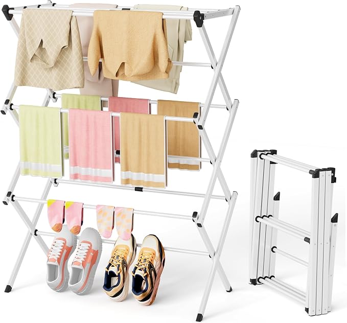BAKON Space Saving Foldable Clothes Drying Rack, Extendable Rustproof Laundry Rack for Indoor Outdoor Use, No Assembly Required, Suitable for Bathroom Laundry Room Apartment RV, White