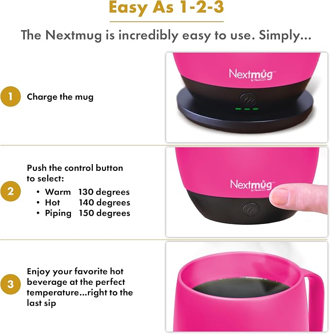 Nextmug - Temperature-Controlled, Self-Heating Coffee Mug (True Pink - 14 oz.)