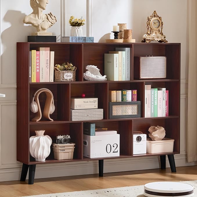 LEYAOYAO 10 Cube Bookshelf, Mid-Century Modern Book Shelf with Legs, Walnut | 3 Tier Bookcase, 55" Wide Rustic Wood Bookshelves Large Storage Organizer, Open Shelves for Bedroom, Living Room, Office