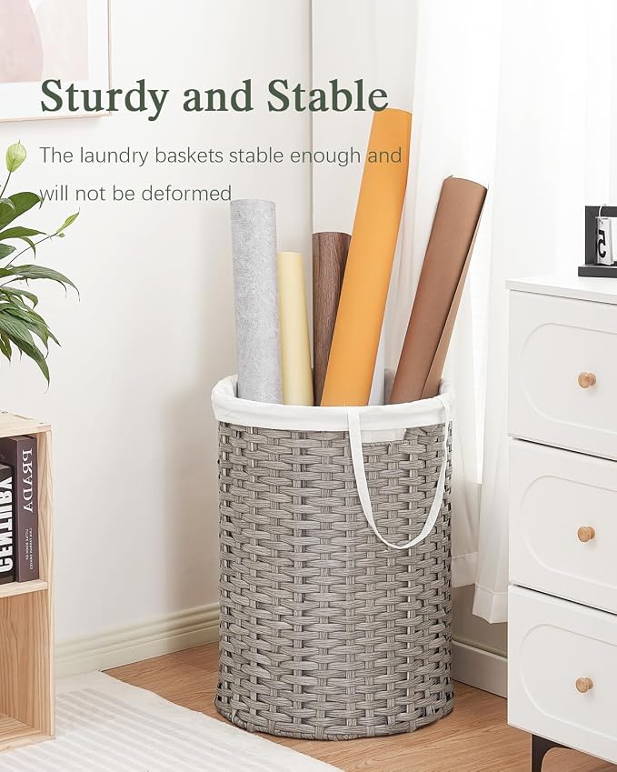 SETVSON Laundry Basket Round Rattan Laundry Hamper 29.1 Gal(110 L) Handwoven Large Wicker Basket with Handles, Wicker Hamper with Removable Bags and 2 Mesh Bags for Bathroom Living Room Gray(No Lid)