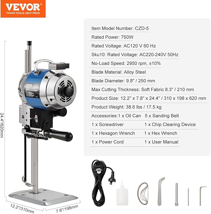 VEVOR Fabric Cutter, 750W High-Speed Straight Knife Cloth Cutting Machine, 9.8" Alloy Steel Blade, Industrial Fabric Cutting Machine with Automatic Knife Sharpen, for Multilayer Fabric Leather Cloth