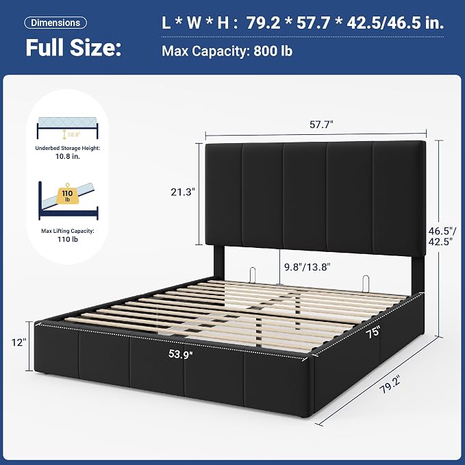 Allewie Full Size Velvet Lift Up Hydrualic Storage Bed Frame, Black | Vertical Channel Tufted Headboard, Hydrualic Underneath Storage, Upholstered Platform Bed, No Box Spring Needed