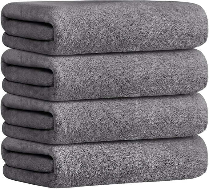 JML Microfiber Bath Towel Set, 27" x 55", 4 Pack, Grey | Hanging Loop, Super Absorbent, Fast Drying Bathroom Towel for Hair, Swimming, Fitness, Sport, Yoga