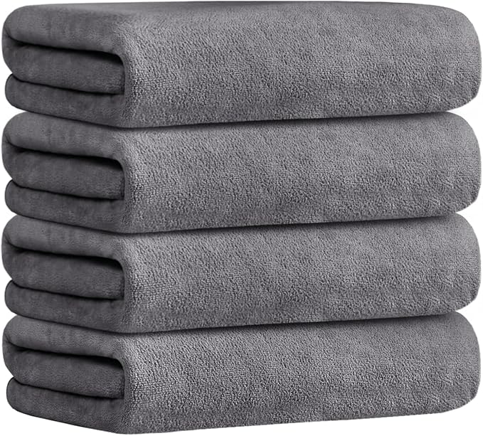 JML Bath Towels Set, 4 Pack, 30" x 60", Grey | Microfiber,Large, Soft, Absorbent, Quick Dry for Salon Hair Wrap, Sauna, Sports, Yoga, Swim, Pool