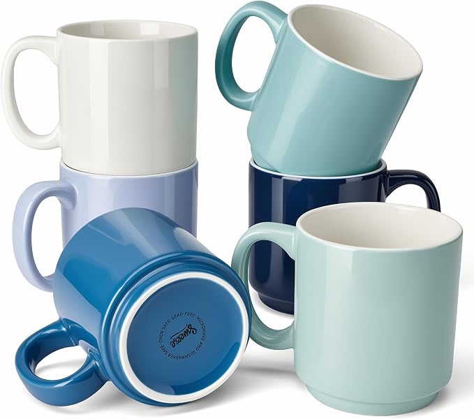 Sweese Stackable Coffee Mugs Set of 6, 16 Oz Large Porcelain Cups for Coffee, Latte, Tea & Hot Drinks, Space-Saving Stackable Design, Microwave & Dishwasher Safe, Assorted Colors