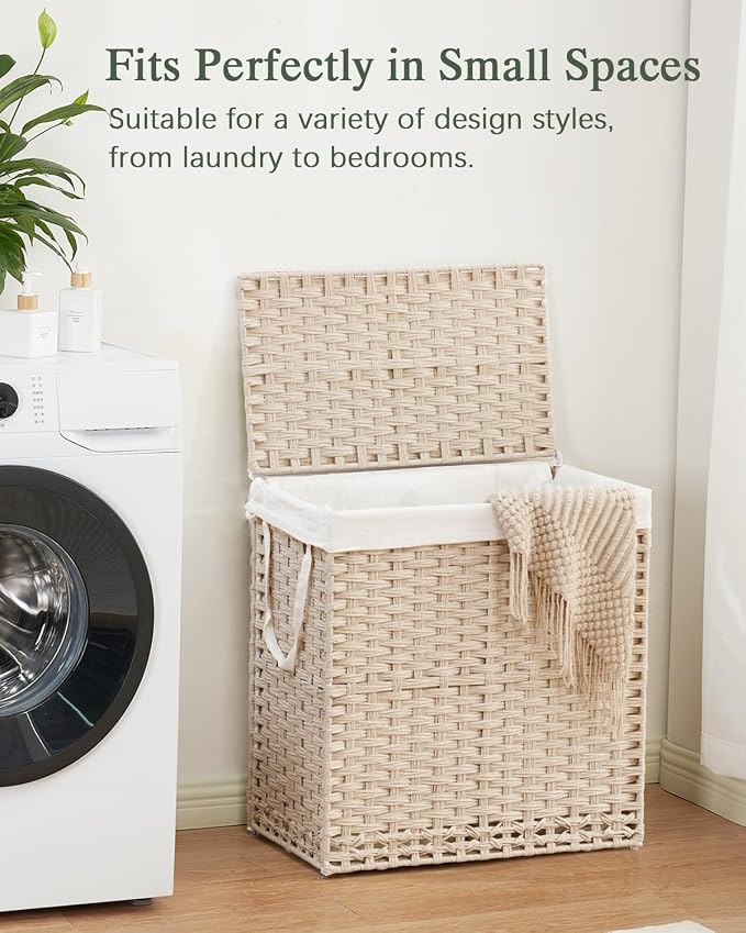 SETVSON Laundry Hamper with Lid PE Rattan Laundry Basket, Light Khaki | Decorative Furniture Look for Bathroom & Bedroom, 2-Section Large Wicker Hamper, 2 Cloth Bags, 6 Mesh Bags Included