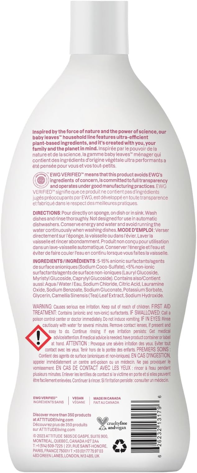ATTITUDE Baby Bottle & Dish Soap, EWG Verified Bottle Cleaner, Fragrance Free & Dye Free, Removes Milk Residue & Grease, Vegan, Unscented, 23.7 Fl Oz (Pack of 3)