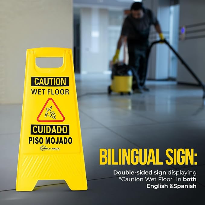 Simpli-Magic 24" Height Wet Floor Caution Signs, 6 Pack – Double-Sided, Bilingual & Foldable Safety Warning Sign – Commercial Grade, Yellow, Plastic