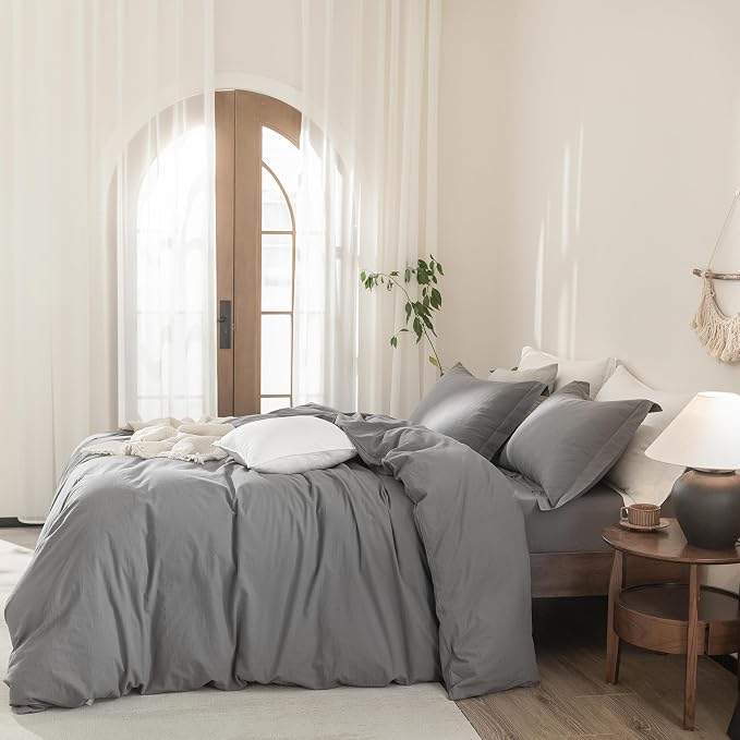 100% Washed Cotton Duvet Cover Queen Size Dark Grey Bedding Set Cover 1 Duvet Cover with Zipper Closure and 2 Pillowcases, 90inch x 90inch