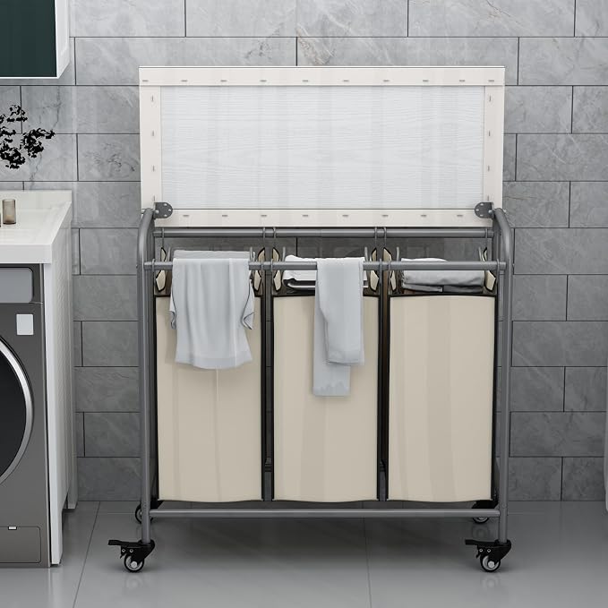 LINZINAR 3-Bag Laundry Hamper with Ironing Board, Beige 135L Laundry Sorter | Laundry Room Organization with Heavy Duty Rolling Lockable Wheels and Removable Bag, Bedroom Laundry Cart for Clothes Storage