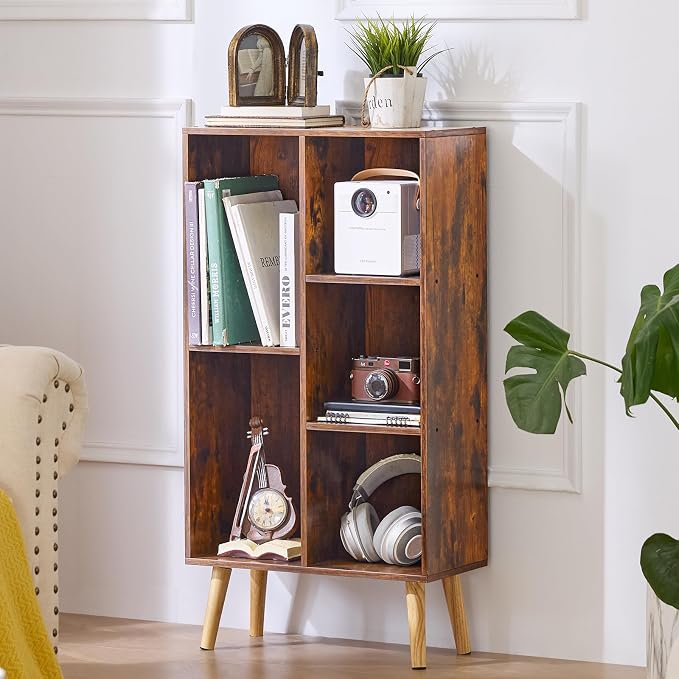 LEYAOYAO 5 Cube Bookshelf, Mid-Century Modern Book Shelf with Legs, Brown | 3 Tier Bookcase, Rustic Wood Bookshelves Freestanding Small Storage Organizer, Open Shelves for Bedroom, Living Room, Office