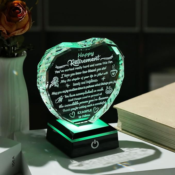Happy Retirement Gifts for Women Men Crystal Plaque & Keepsake with LED Base Heartfelt Farewell Retired Presents for Boss Colleagues Coworkers Friends