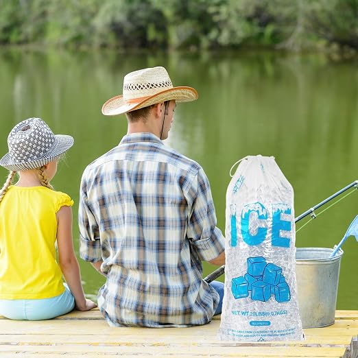 100 PACK 20 lb. Plastic Ice Bags with Cotton Draw String 14 x 28 Inch Heavy-Duty Plastic Ice Storage Bags with Draw String (2.8mil Thickness, Ice Cube pattern) | Heavy-Duty Plastic Ice Storage Bags with Draw String (2.8mil Thickness, Ice Cube pattern)