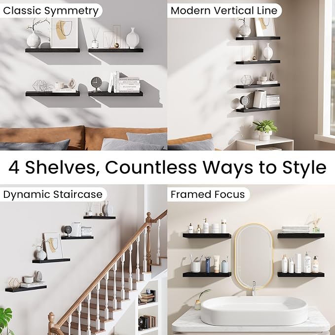 BAYKA Floating Shelves for Wall, 15.7in Wall Mounted Rustic Wood Shelves for Bathroom, Bedroom, Living Room, Kitchen, Hanging Shelf for Books/Storage/Room Decor with 22lbs Capacity (Black, Set of 4)