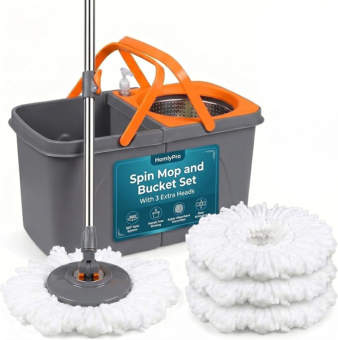 Spin Mop and Bucket Set with 3 Extra Heads, 130cm Extendable Handle - Grey and Orange, Microfibre Mop Head, Self-Wringing System, for All Hard Floors and Tiles