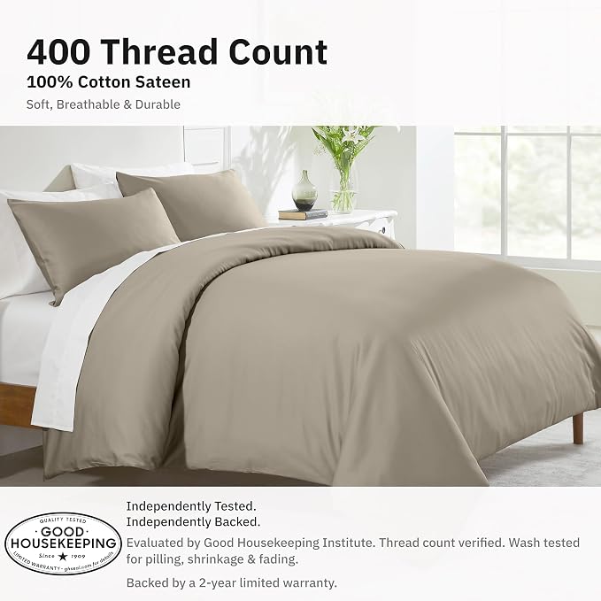 California Design Den 3-Piece Duvet Cover Queen Size Set - 400 Thread Count, 100% Cotton Sateen, Soft Queen Duvet Cover Set Cotton, Button Closures, Corner Ties, Durable Bedding - Taupe