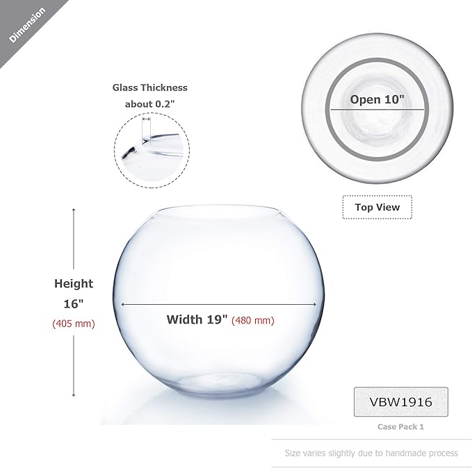 WGV Large Bowl Glass Vase, Diameter 19", Height 16", (Multiple Sizes Choices) Clear Huge Round Bubble Vase Jar, Floral Planter Terrarium for Wedding Event Home Decor, 1 Piece (VBW1916)