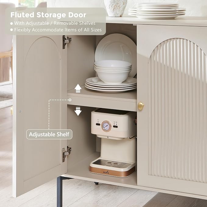 IFGET 61.75" W Modern Arched Sideboard Buffet Cabinet with Storage, Cream | Fluted Arch Sideboard Cabinet w/Adjustable Shelves, Wooden Modular Kitchen Cabinet for Dining& Living Room, Kitchen, Entryway