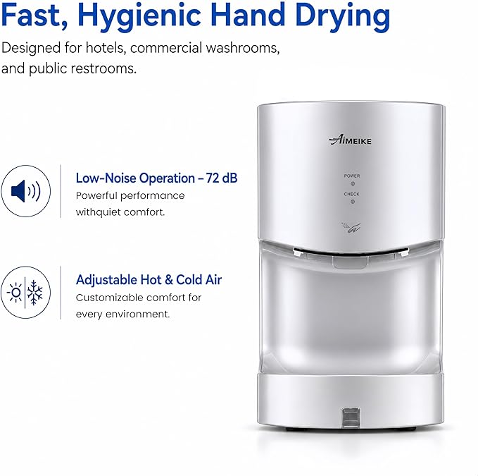 Automatic Commercial Wall Mounted Hand Dryer with Drip Tray, Compact High Speed 110V 1300W, Adjustable Hot & Cold Air, Low Noise for Bathroom & High-Traffic Restrooms, Silver