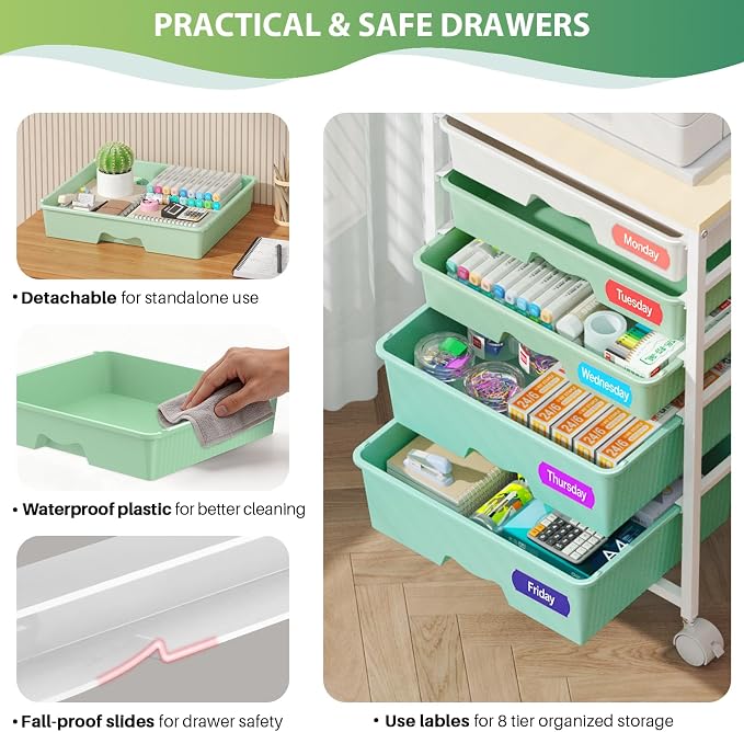 Goovilla Rolling Cart with 5 Drawers for Craft, Art, Dorm, Office, Green | Utility Cart Organizer With 5 Removable Drawers and Wooden Tabletop, Lockable Rolling Storage Organizer for Classroom, Home