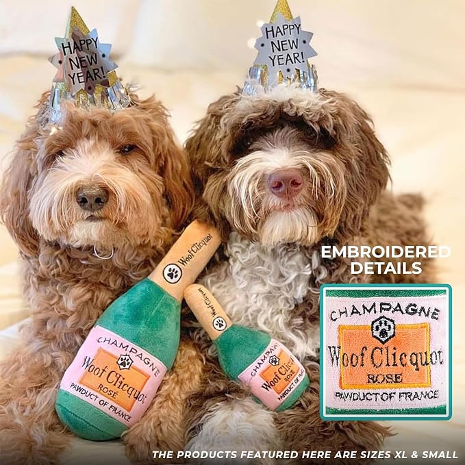 Haute Diggity Dog Woof Clicquot Rose Plush Squeaker Bottle - Small Machine-Washable Safe Fabric for Enrichment - Designer Dog Toys & Birthday Dog Toy for Puppies & All Breeds, Size Small