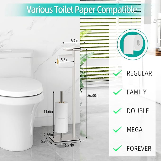 FEILERN Toilet Paper Holder Stand for Bathroom Floor Standing Toilet Roll Dispenser Storages 4 Reserve Rolls, with Top Storage Shelf for Cell Phones, Wipe, Wallet and More(Brush Nickel)