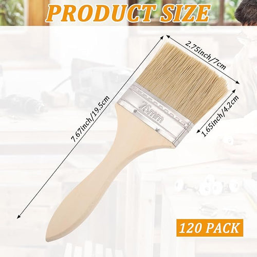 120PCS Chip Brushes 3 Inch Bulk Chip Paint Brushes Bulk Paint Brushes Wooden Stain Brushes Flat Art Applicators for Paint, Glues, Varnish, Art and Crafts Supplies