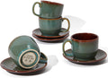 Pokini Stoneware Coffee Cups with Saucers, 6 Oz Cappuccino Cups Set of 4, Microwave & Dishwasher Safe, Perfect For Tea, Espresso, Latte, Ceramic Mugs for Kitchen or Cafe, Brown Green