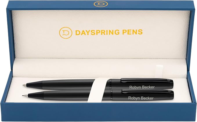 Dayspring Pens Richmond Engraved Ballpoint Pen and 0.7mm Pencil Set, Matte Black, Parker G-2 Compatible Ink, Personalized Gift for Graduation, Career Advancement, New Job, Birthdays, Gift Box Included