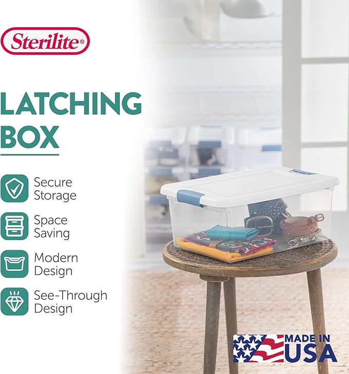 Sterilite 24-Pack Latching Box, Under Bed Storage Bins with Lids, Clear Plastic, 15 Quart - Heavy-Duty Organizing Containers for Closet, Bathroom, and Office