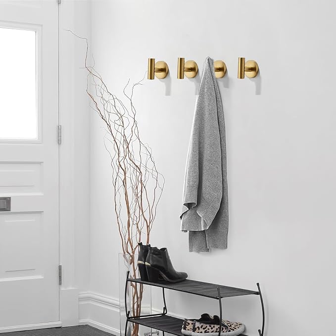 Wall Mounted Bathroom Towel Hooks for Hanging Clothes,Hat,5 Pack Vibrant Brushed Moderne Brass Coat Hook Robe Hooks.Suitable for Hotels and bathrooms.