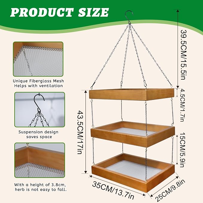 Tnstbiee 3-Tier Hanging Wooden Herb Drying Rack, Compact Mesh Flower Dryer | 13.75"x9.84" Mesh Herb Dryer. Space-Saving For Herbs, Pasta & Blooms, Perfect For Craft Rooms, Sunrooms, Gift For Gardeners