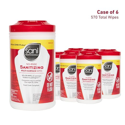 PDI Sani-Professional Sanitizing Wipes, No-Rinse Multi-Surface Cleaning for Food Contact Surfaces, Kitchens, Restuarants Tables, 95 Large 7.75" x 9" Count per Canister, Pack of 6