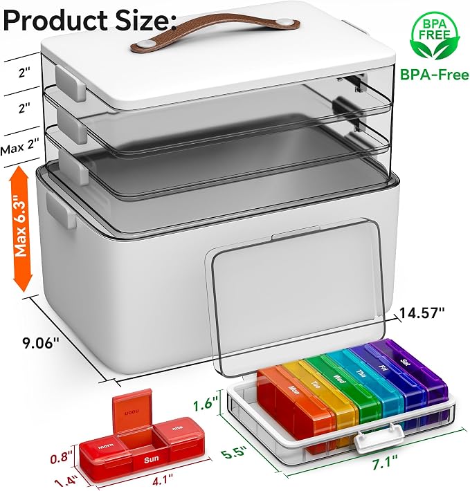 CTIME 4-Tier XL Medicine Organizer with Leather Handle - Portable Pill Case & Empty First Aid Kit for Home, Travel, RV, School, Dorm | Ideal Elderly Gift
