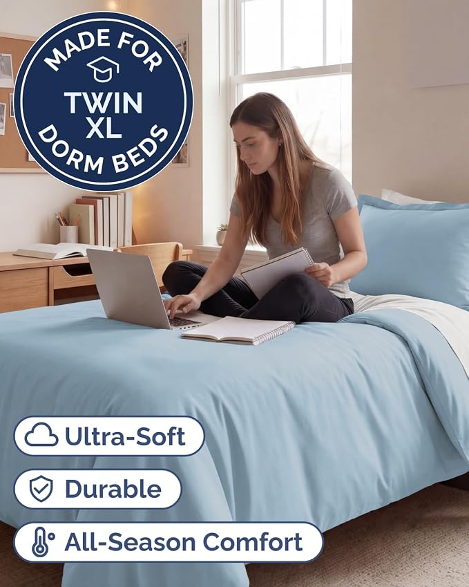 Duvet Cover Twin/Twin XL Size Set - Extra Soft Twin/Twin XL Duvet Cover 68" x 90" with 1 Pillow Sham for Women, Men, Kids & Teens - Comfy, Easy-Care & Fade Free w/ Zipper Closures & Ties (Light Blue)