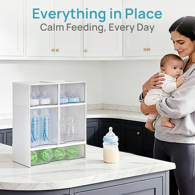 Vtopmart Stackable Storage Drawers Set of 5, Plastic Organizer Bins for Baby Bottle, Beauty Supplies Storage, Ideal for Kichen Countertop, Vanity, Bathroom, Cabinet, Pantry Organization,White