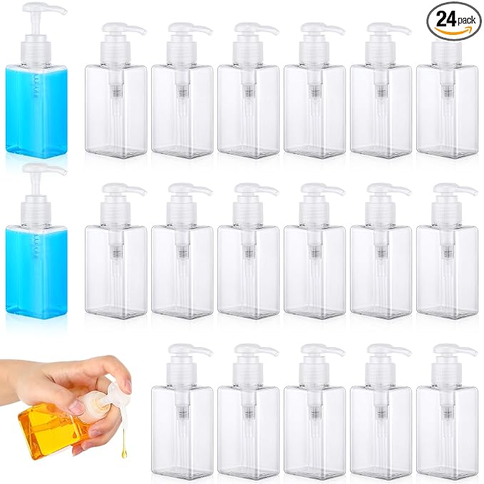 Domensi 24 Pcs 100ml /3.4 oz Pump Bottle Mini Travel Bottles Small Dispenser Containers Plastic Pump Lotion Dispenser Empty Square Travel Size Containers Toiletries (Clear)