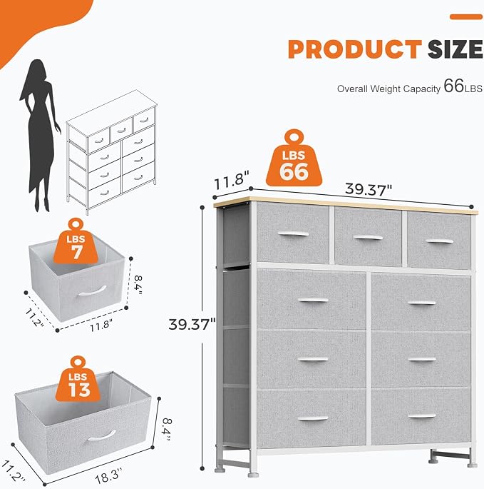 Sweetcrispy 9 Drawer Fabric Dresser Storage Tower with Wood Top and Steel Frame, Organizer Chest with Easy Pull Handles for Bedroom, Closet, Hallway,Light Gray