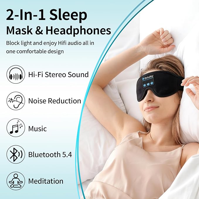 Sleep Headphones, 3D Sleep Mask with Bluetooth Headphones, 100% Light Blocking Music Eye Mask, Sleeping Headphones for Side Sleepers Sleeping Mask Thin Stereo Speakers Perfect for Sleeping
