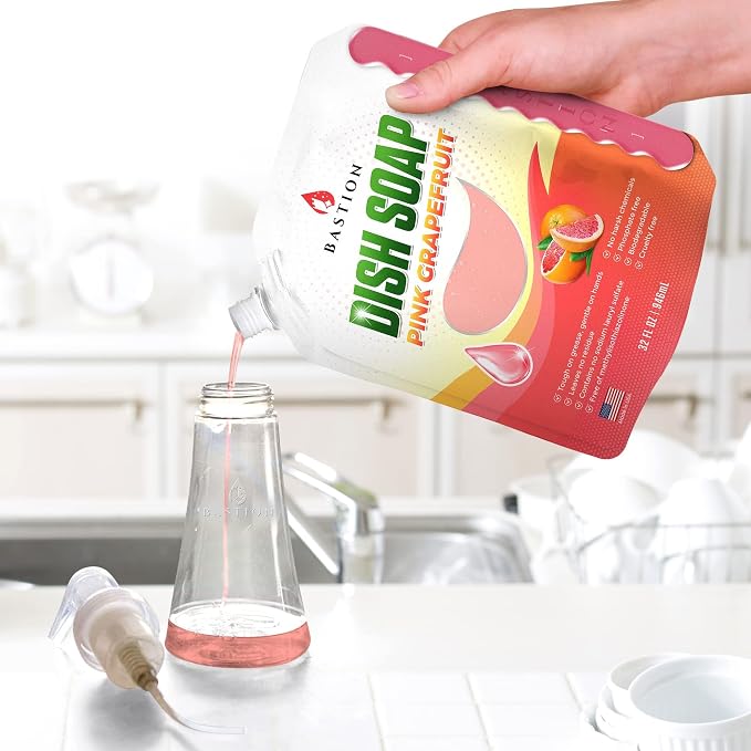 Bastion Dish Soap - Liquid Dishwashing Degreaser & Detergent - Pink Grapefruit Fragrance - (6) 32oz Refill Pouches - All Natural - Cruelty-Free