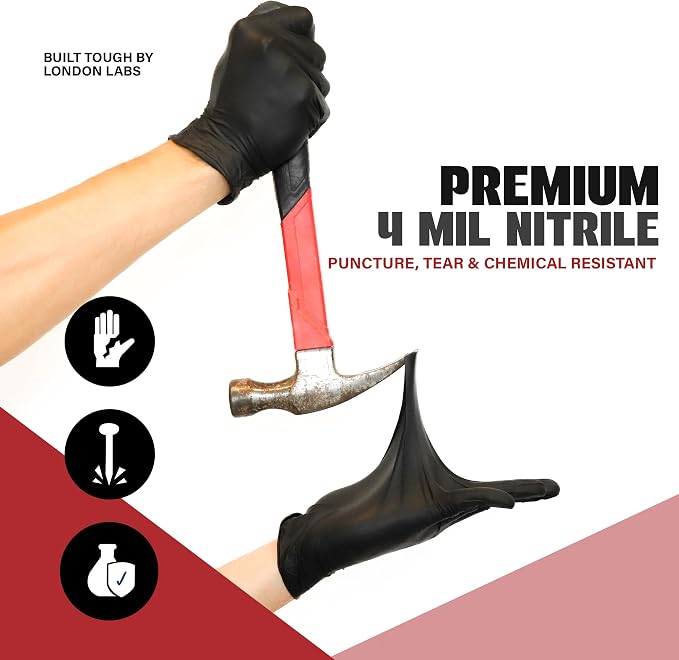 London Labs Synsafe 4 Mil - Black Nitrile Exam Gloves –Disposable Latex Free & Powder Free – Extra Strong, Rubber Gloves – First Aid Kit, Medical, EMT, Cleaning, Cooking | Pack of (200 ct)