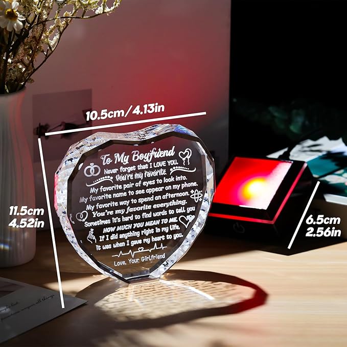 Arikyrist Gifts for Boyfriend Fathers Day Crystal Heart Boyfriend Keepsake with LED Light Base Romantic Anniversary Birthday Gifts for Him Boyfriend Bf from Girlfriend
