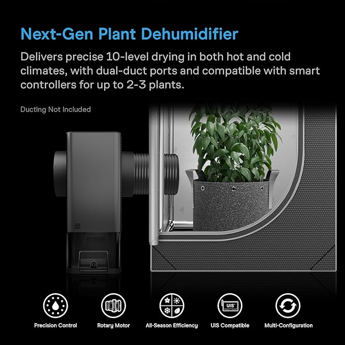 AC Infinity HYDRONE 5, Precision Plant Dehumidifier, 10 Distinct Drying Levels, PWM Rotary Motor, Effective in Extreme Hot/Cold Environments, Dual Duct Ports, for 2-3 Plants in Grow Tents