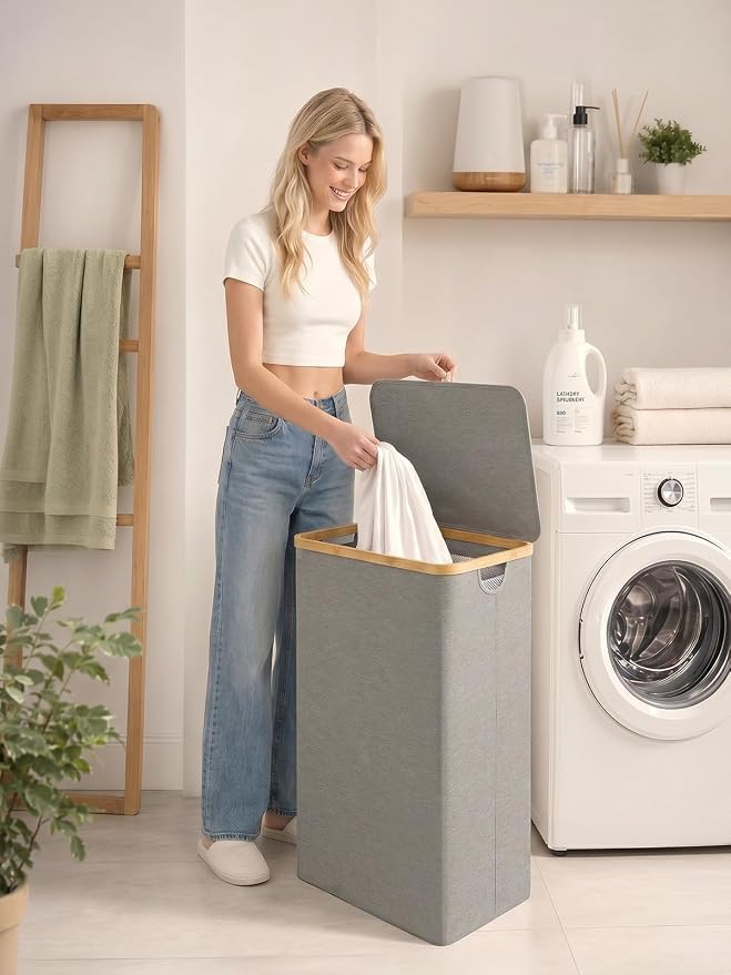 iEGrow Laundry Hamper with Lid, 110L Large Laundry Hamper with Handle and Lid, Collapsible Clothes Basket Organizer with Removable Inner Bag for Clothes Toys Towels - Grey