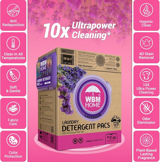 WBM 10-in-1 Laundry Detergent Pods, Fabric Softener with Lavender Extracts, High-Efficiency Laundry Pods with Powerful Stain Lifter Technology - 128 Count Bag
