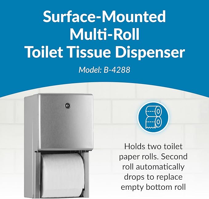 Bobrick Surface-Mounted Multi-Roll Toilet Tissue Dispenser – Satin-Finish Stainless Steel, ADA Compliant, Holds Two Standard Rolls, Theft-Resistant Heavy-Duty Spindles, ConturaSeries Design (Model B-4288)