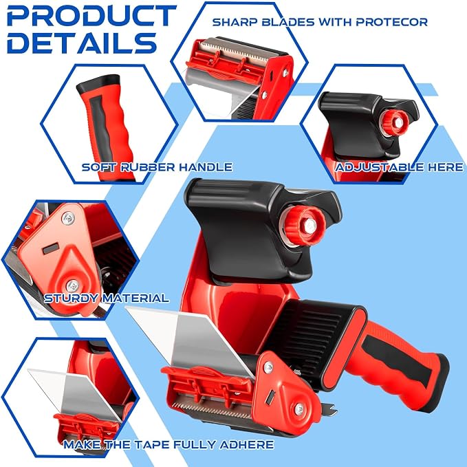 Hicarer 6 Pcs 3 Inch Packing Tape Gun Heavy Duty Tape Dispenser | Non Slip Silicone Handle, Portable for Shipping, Moving, Carton and Box Sealing